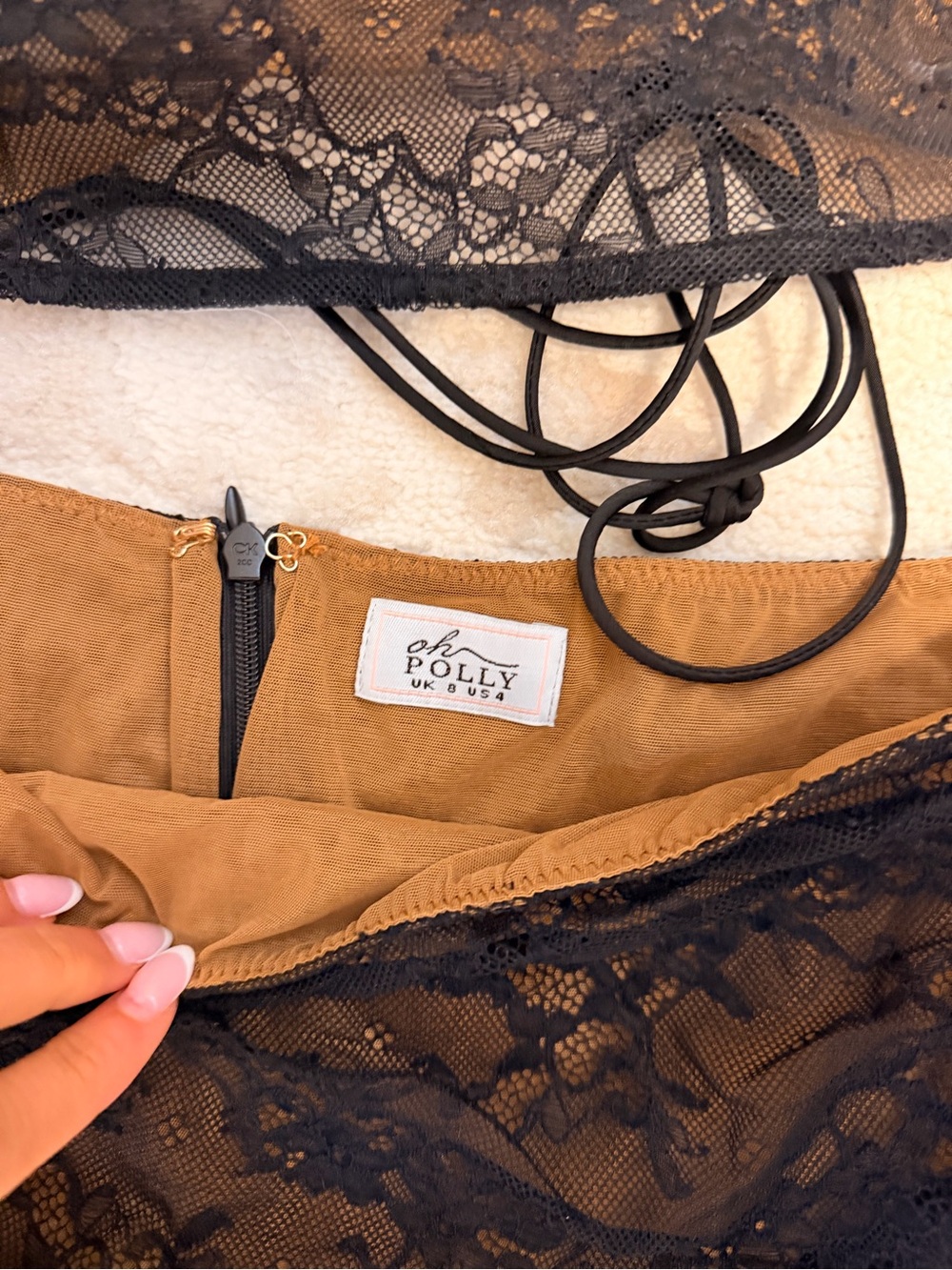 Oh Polly Black Lace Crop Top & Tan Lined Mini Skirt - Picture 6 of 8